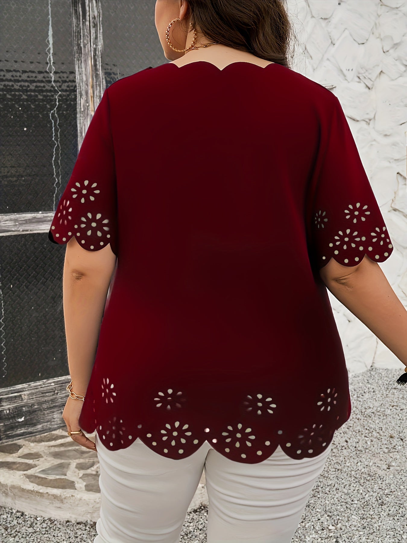 Plus Size Scallop Trim Blouse - Fashionable Cut Out Detail, V Neck, Short Sleeves - Perfect Casual Wear for Spring - Curvy Womens Clothing