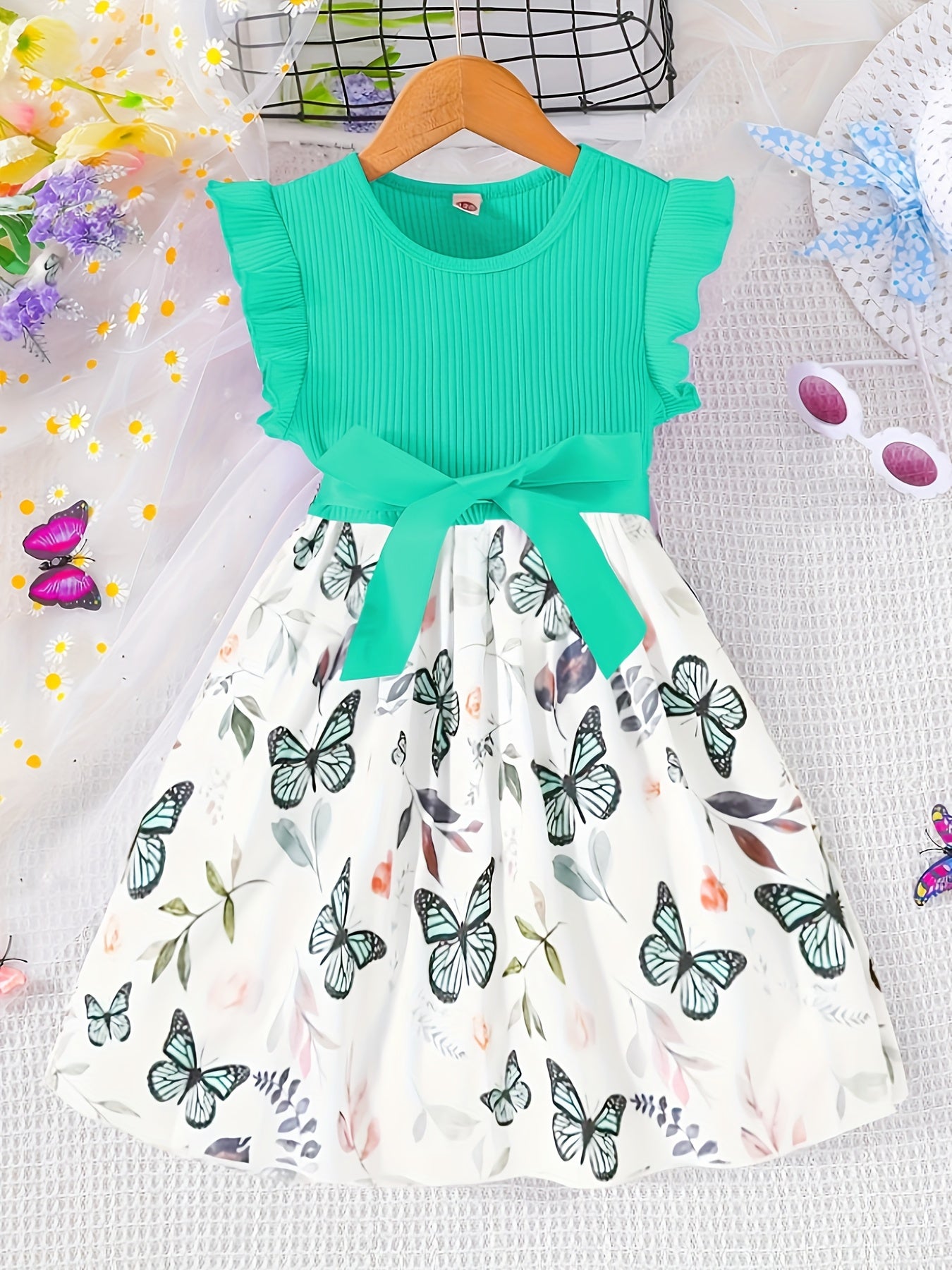 Girls Splicing Flutter Trim Butterfly Graphic Dress Elegant Dresses For Party