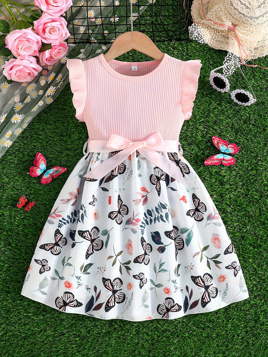 Girls Splicing Flutter Trim Butterfly Graphic Dress Elegant Dresses For Party