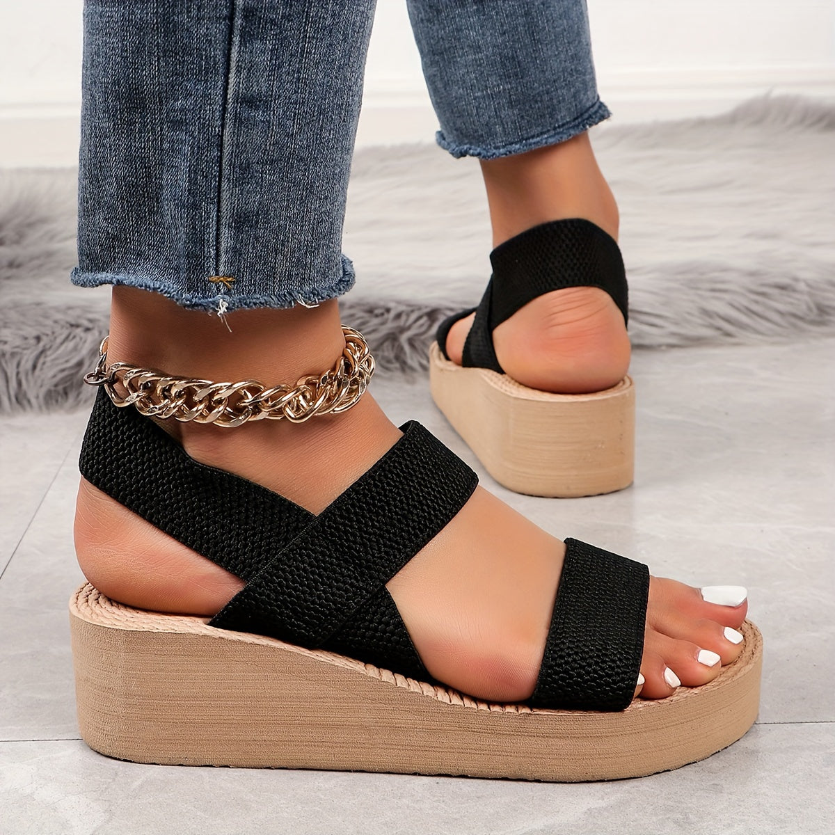 Women's Summer Wedge Sandals, Casual Round Open Toe Elastic Band Shoes, Comfortable Slip On Beach Sandals