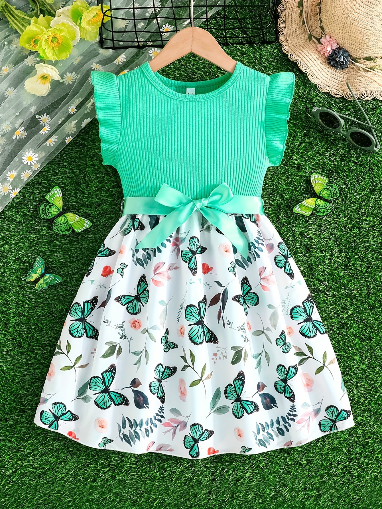 Girls Splicing Flutter Trim Butterfly Graphic Dress Elegant Dresses For Party