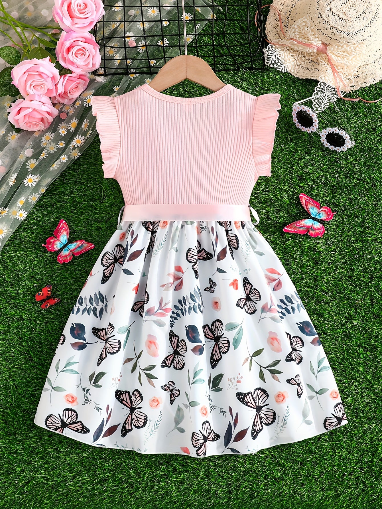 Girls Splicing Flutter Trim Butterfly Graphic Dress Elegant Dresses For Party