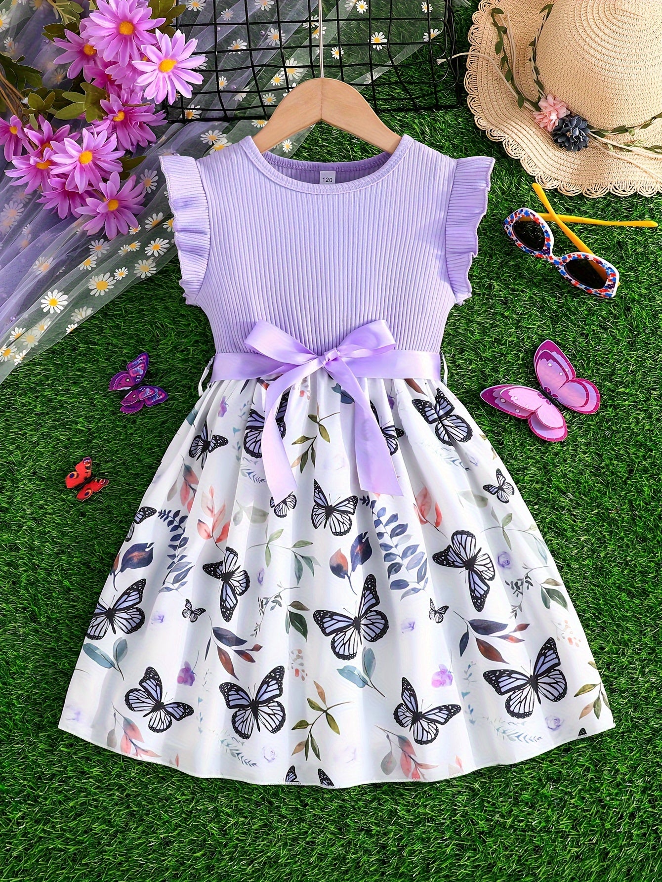 Girls Splicing Flutter Trim Butterfly Graphic Dress Elegant Dresses For Party