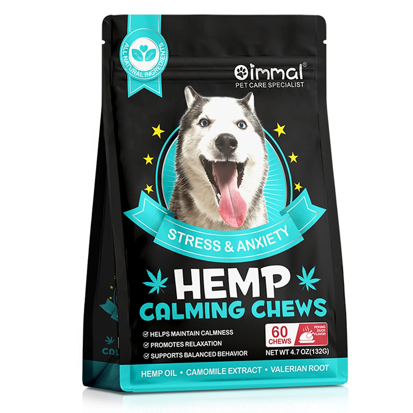 60 Calming Chews for Dogs Stress & Anxiety with Peking Duck Flavor Chamomile Extract Valerian Root Calmness Promotes Relaxation