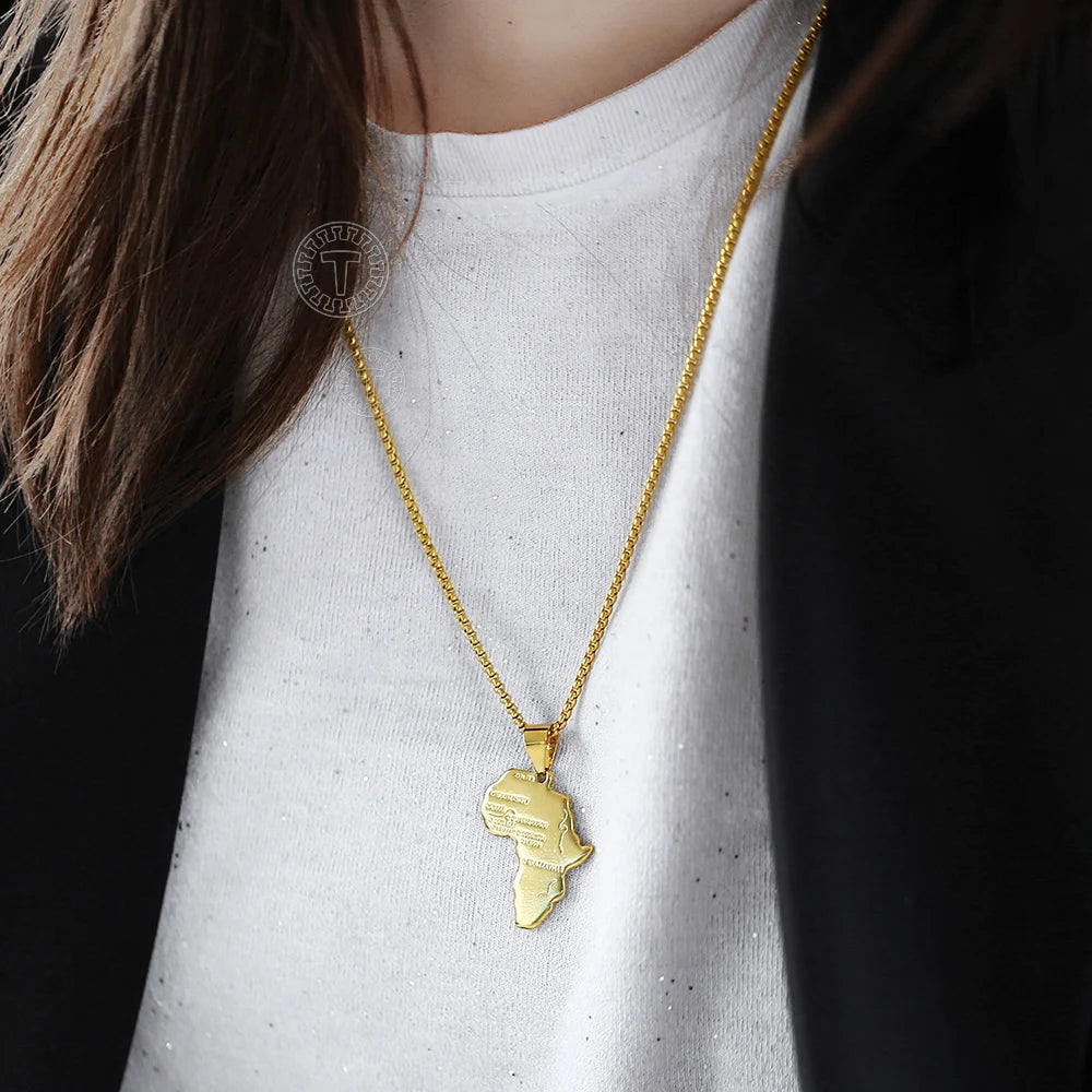 Punk Africa Map Pendant Necklace for Men Women Stainless Steel Gold Color African Map Fashion Jewelry Hip Hop Dropshipping GP56