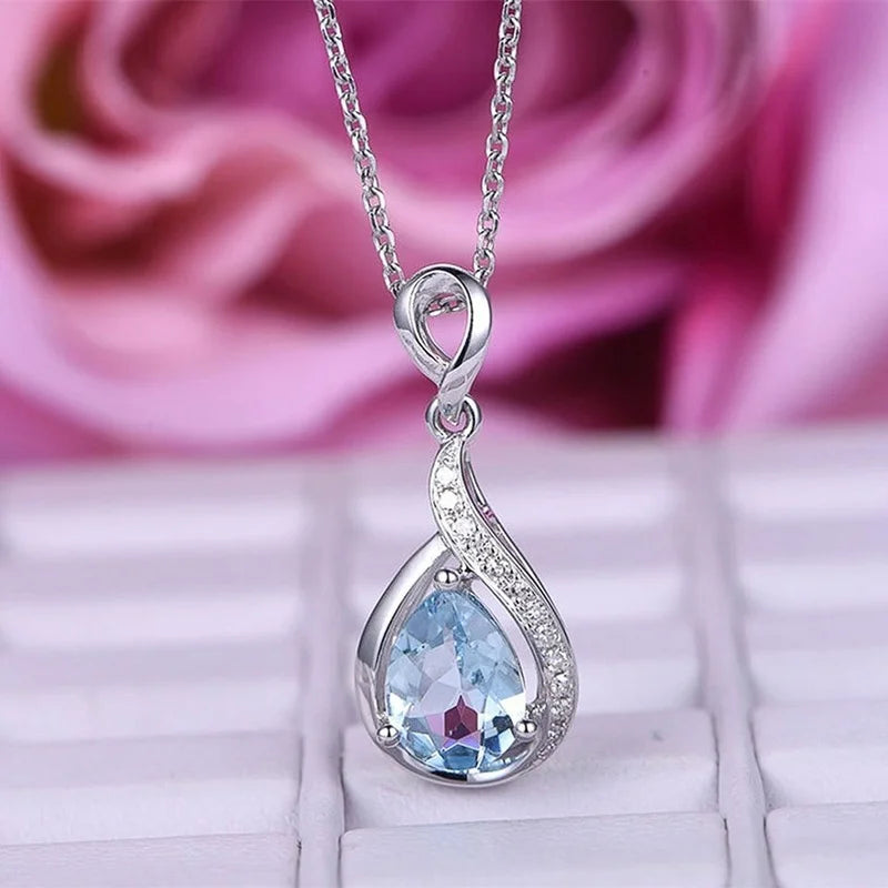 CAOSHI Elegant Light Blue Pear Shape Pendant Necklace for Women Silver Color Trendy Engagement Wedding Party Jewelry Hot Sale