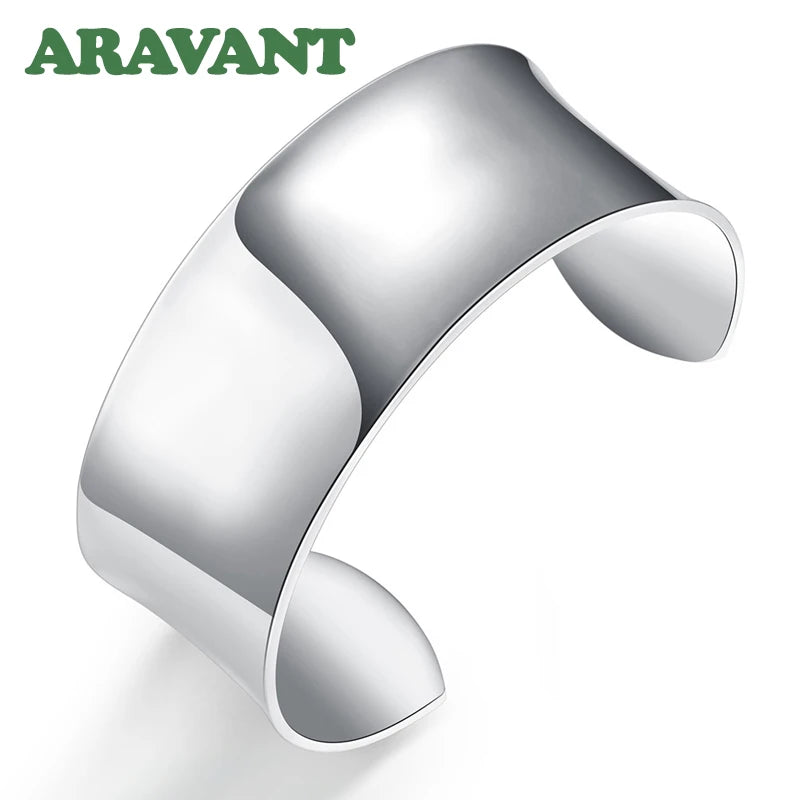 Hot Sale 925 Silver Jewelry Simple Smooth Open Bangles Women Fashion Cuff Bracelets