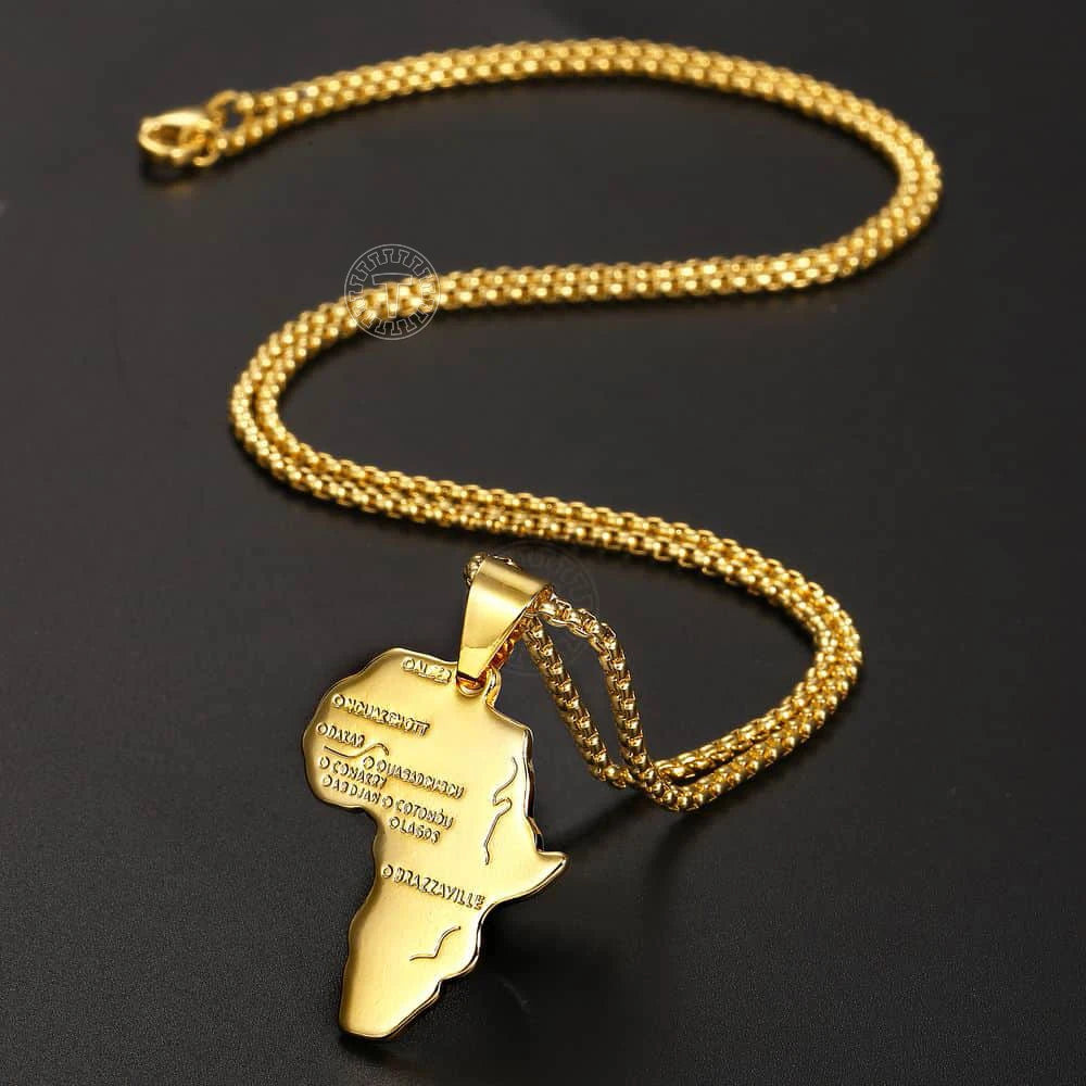 Punk Africa Map Pendant Necklace for Men Women Stainless Steel Gold Color African Map Fashion Jewelry Hip Hop Dropshipping GP56
