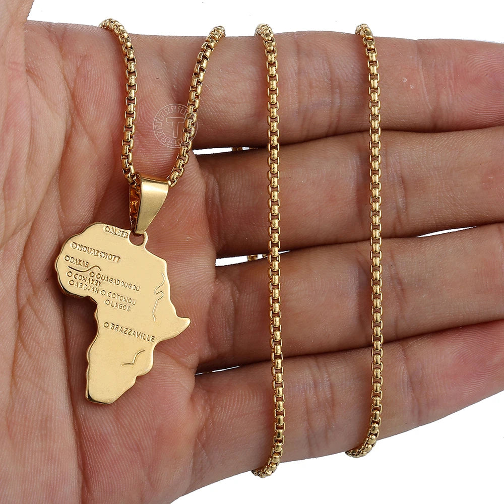 Punk Africa Map Pendant Necklace for Men Women Stainless Steel Gold Color African Map Fashion Jewelry Hip Hop Dropshipping GP56