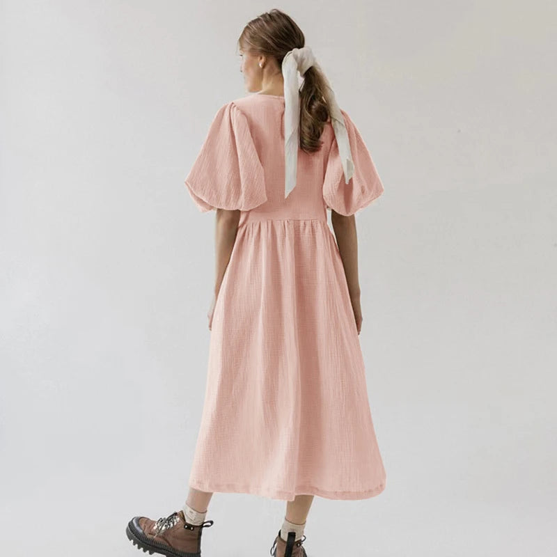 Vintage 100% Cotton Puff Sleeve Maxi Dress For Women Muslin Crepe Gauze V-Neck Bandage Lace Elegant Long Birthday Party Dress