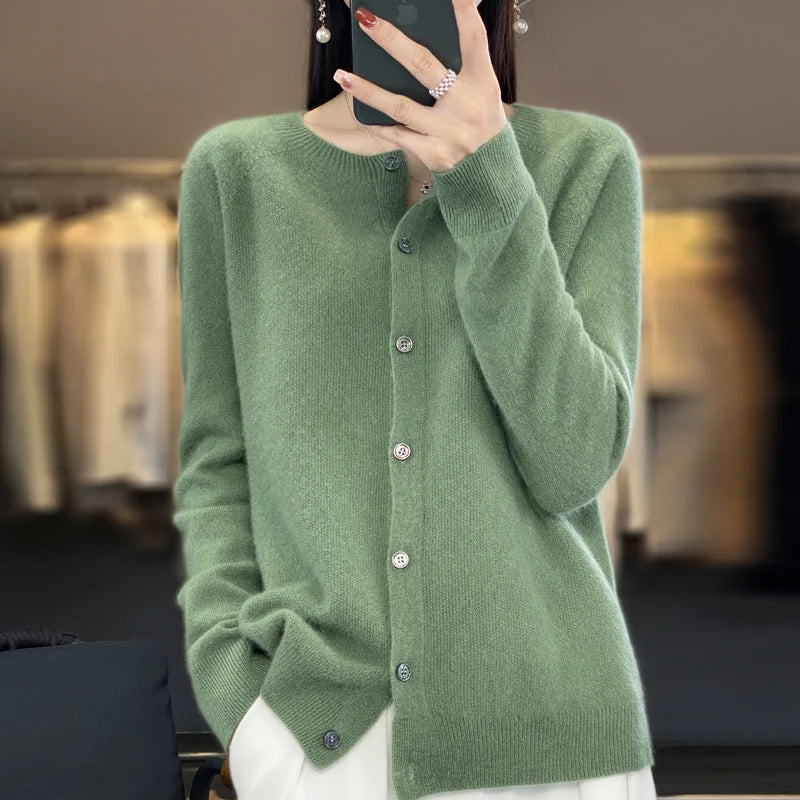 2024Spring and Autumn New 100% pure merino cashmere sweater women's O-neck cardigan loose long-sleeved sweater top