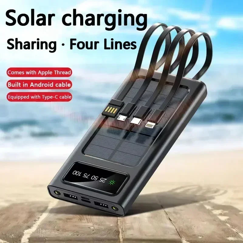 Solar Power Bank Built Cables 200000mAh Solar Charger 2 USB Ports External Charger Powerbank With LED Light For Xiaomi iphone
