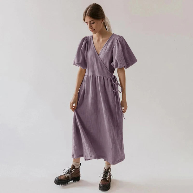 Vintage 100% Cotton Puff Sleeve Maxi Dress For Women Muslin Crepe Gauze V-Neck Bandage Lace Elegant Long Birthday Party Dress