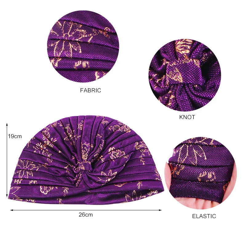 2PCS/LOT Women Muslim Head Wraps Gold shiny silky Top Knotted turban Hat Inner Hijab Chemo Cap Headscarf Stretchy Headband