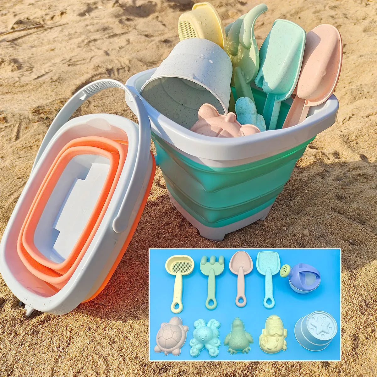 Beach Sand Play Water Set Folding Bucket Summer Toys for Children Kids Outdoor Game Youngster Sandbox Accessories Color Random
