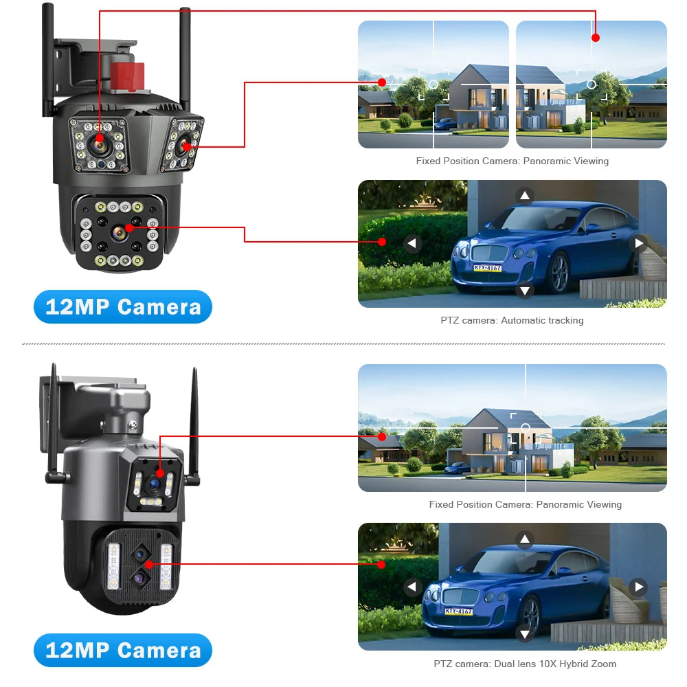 LegendSafe 12MP 6K IP WiFi Outdoor Camera PTZ Three Lens Dual Screen 10X Zoom Auto Tracking Waterproof Security Protection