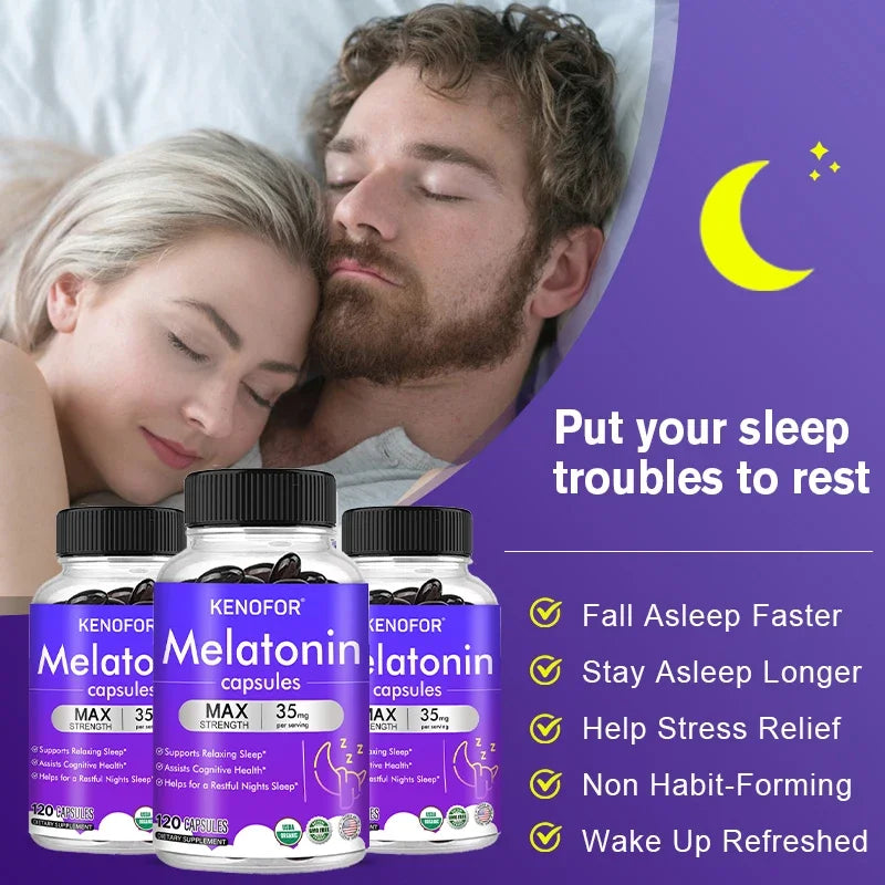 Melatonin Capsules - Natural Nighttime Sleep Aids Improve Sleep Quality, Relieve Migraines Nourish Nerves and Increase Energy