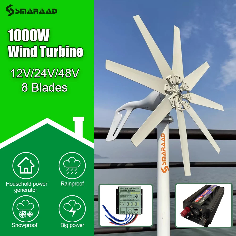 1000W Wind Turbine Generator 12V 24V 48V With MPPT Charge Controller Power Magnetic Dynamo Free Energy Windmill Home Use