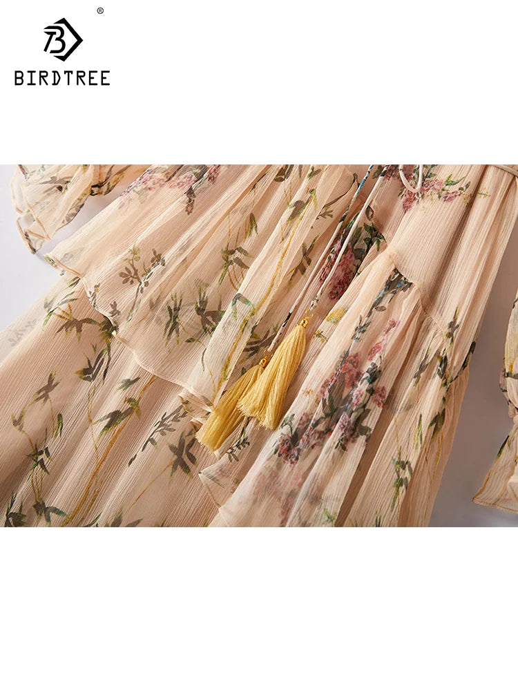 100% Natural Mulberry Silk Dress Women 2023 Long Sleeve Asymmetric Lace Up Floral Print Full Sleeve Ruffles Midi Dresses D31002Z