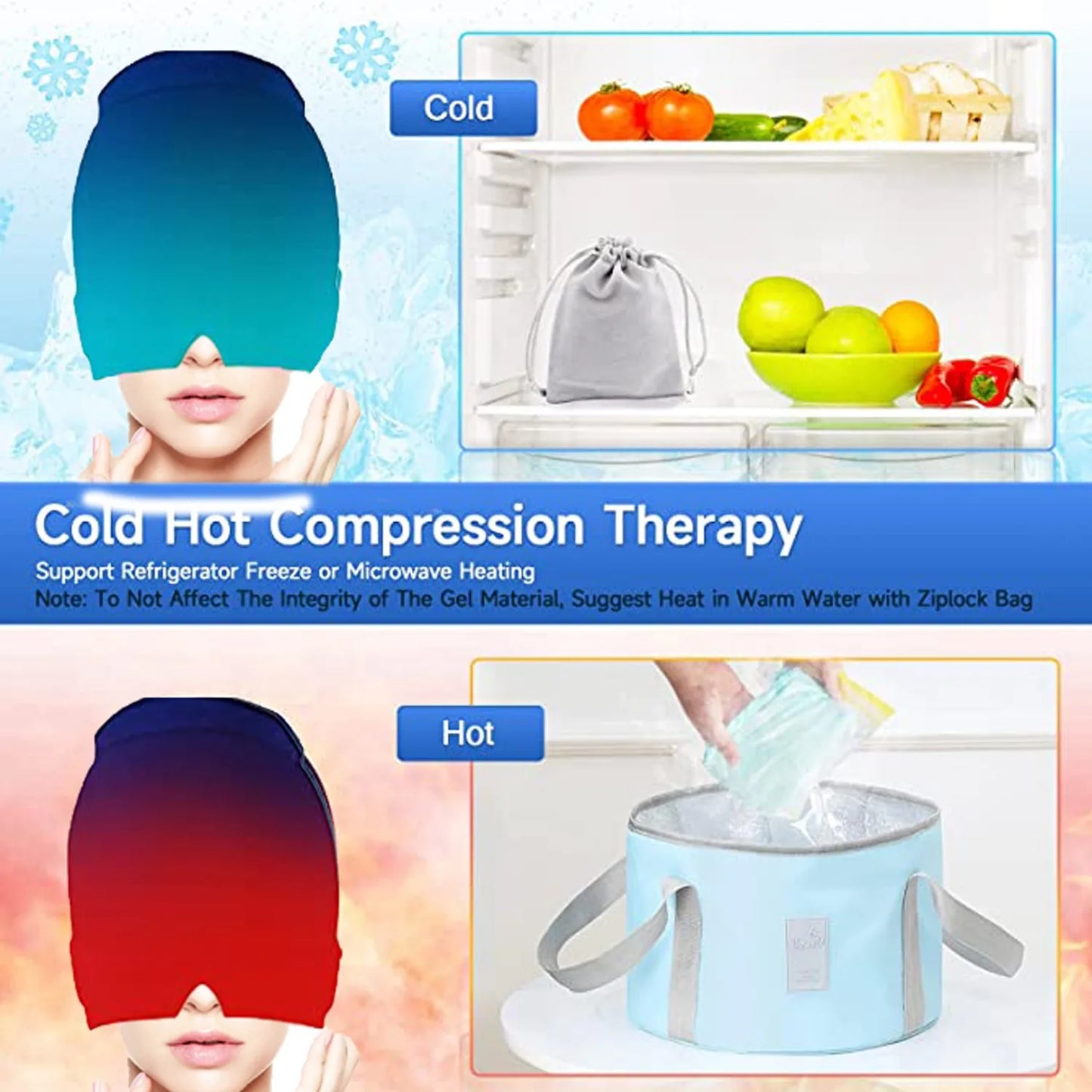 Ice Hat Gel Ice Headache Migraine Relief Hat Cold Compress Therapy Cap Ice Head Wrap Pack Mask For Tension Sinus Stress