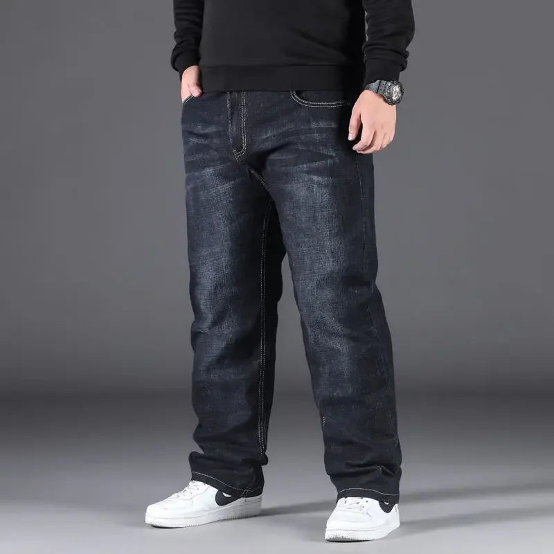 Men's Large Size Jeans Elastic Band Big 10XL Oversize High Waist Loose Pant Husband Plus Size Fat Loose Black Male Denim Trouser