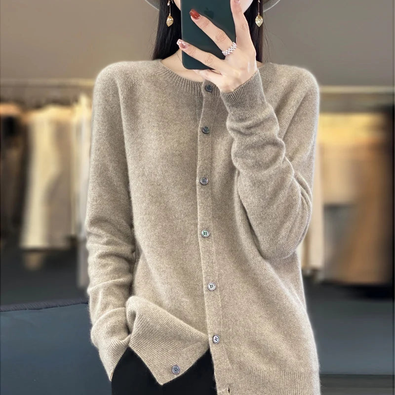 2024Spring and Autumn New 100% pure merino cashmere sweater women's O-neck cardigan loose long-sleeved sweater top