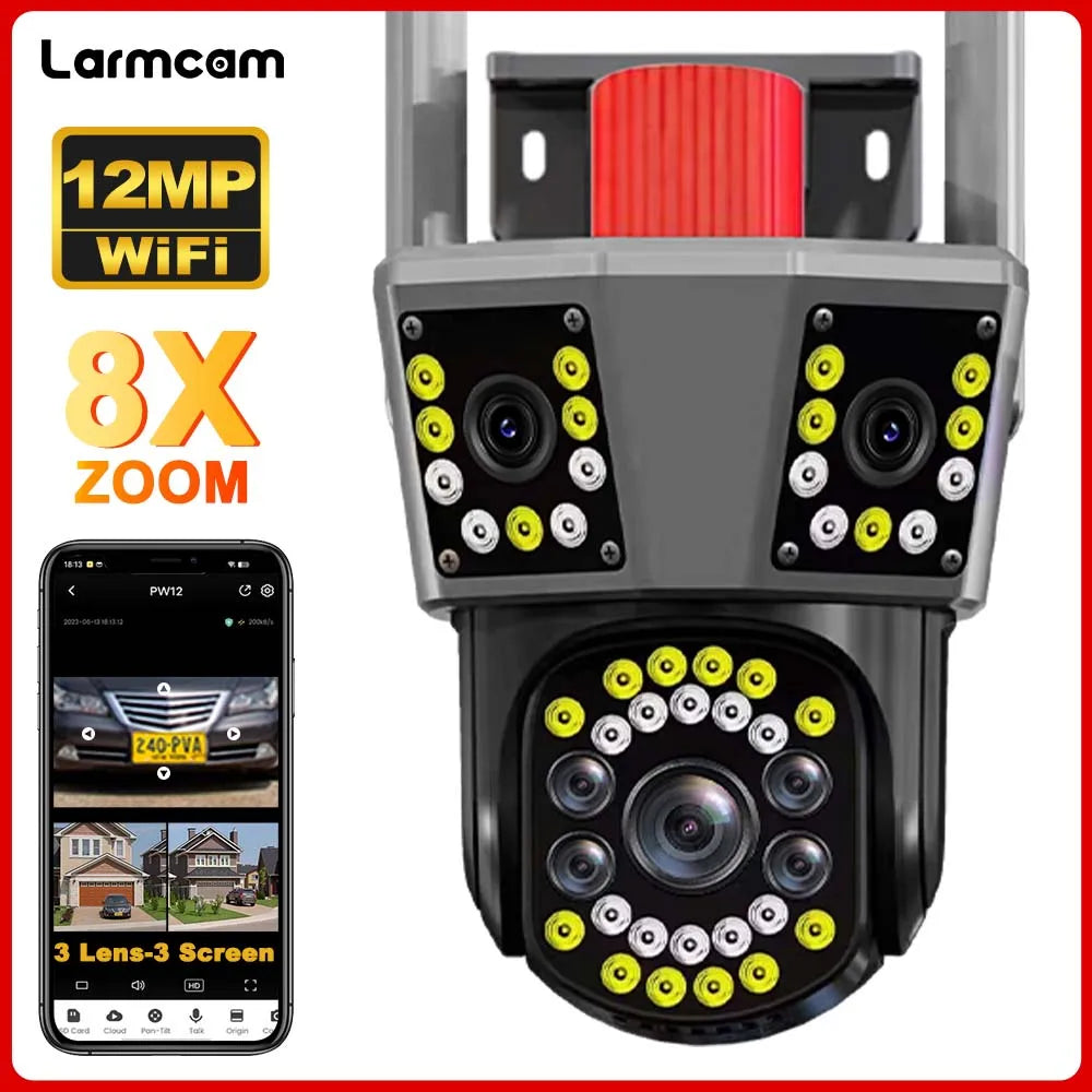 12MP 6K WIFI IP Camera Outdoor 8X Zoom HD Three Lens Three Screens PTZ CCTV Auto Tracking Video Surveillance Security Protection