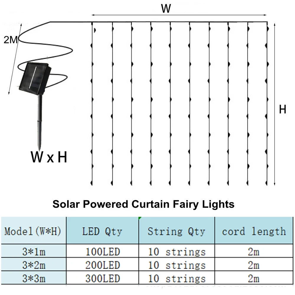 3M Solar Curtain Light Outdoor Waterproof 300 LED Solar Power Fairy Garland String Lights for Yard Garden Pavilion Party Wedding
