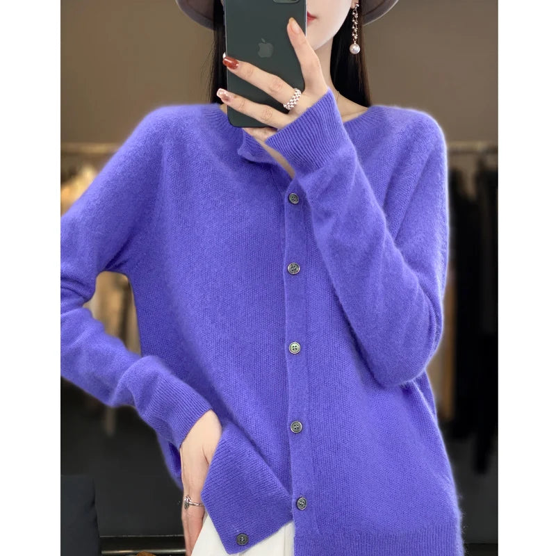 2024Spring and Autumn New 100% pure merino cashmere sweater women's O-neck cardigan loose long-sleeved sweater top
