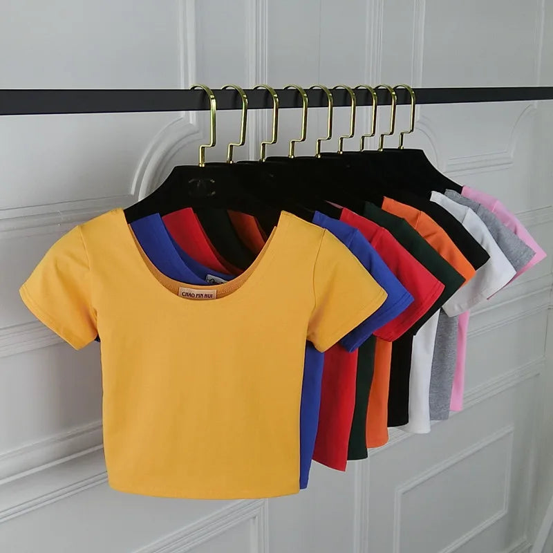 Stretch Women Cotton U Neck Crop Top 2024 Girls Short Sleeve Female Fashion Best Sell Popular Tee Top T-shirt Hot Sale