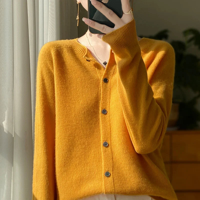 2024Spring and Autumn New 100% pure merino cashmere sweater women's O-neck cardigan loose long-sleeved sweater top