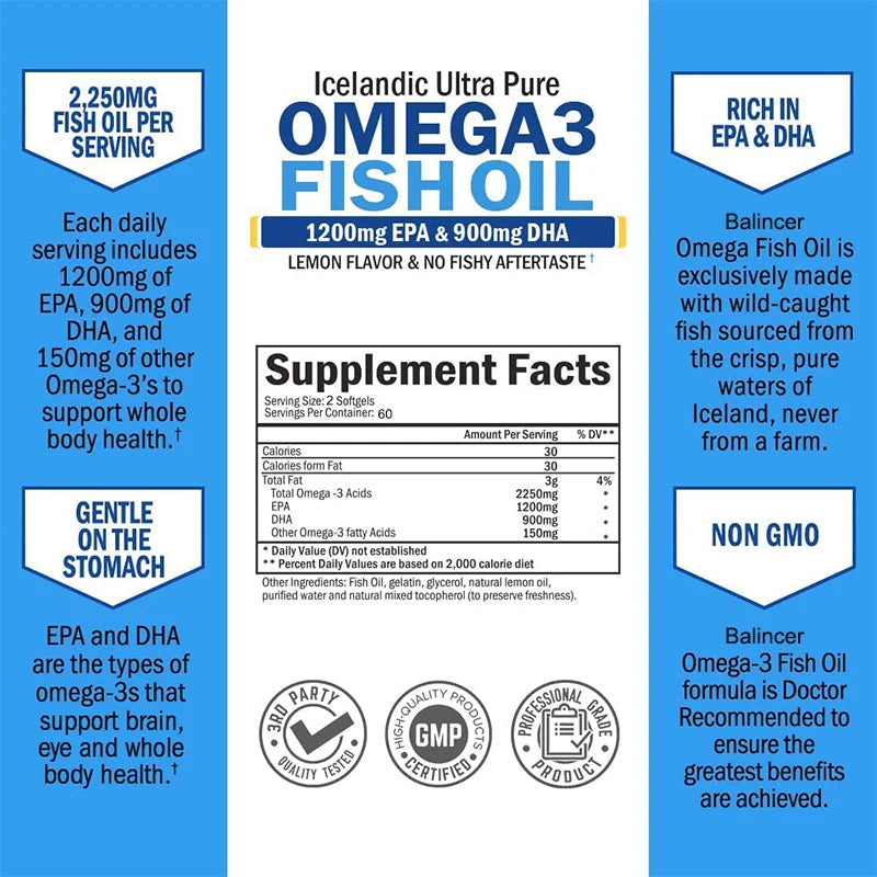 Omega 3 Fish Oil Capsule Supplement Rich in DHA EPA Antioxidant Skin Eyes Immune System,Non-GMO,Gluten-free, Vegetarian Capsules