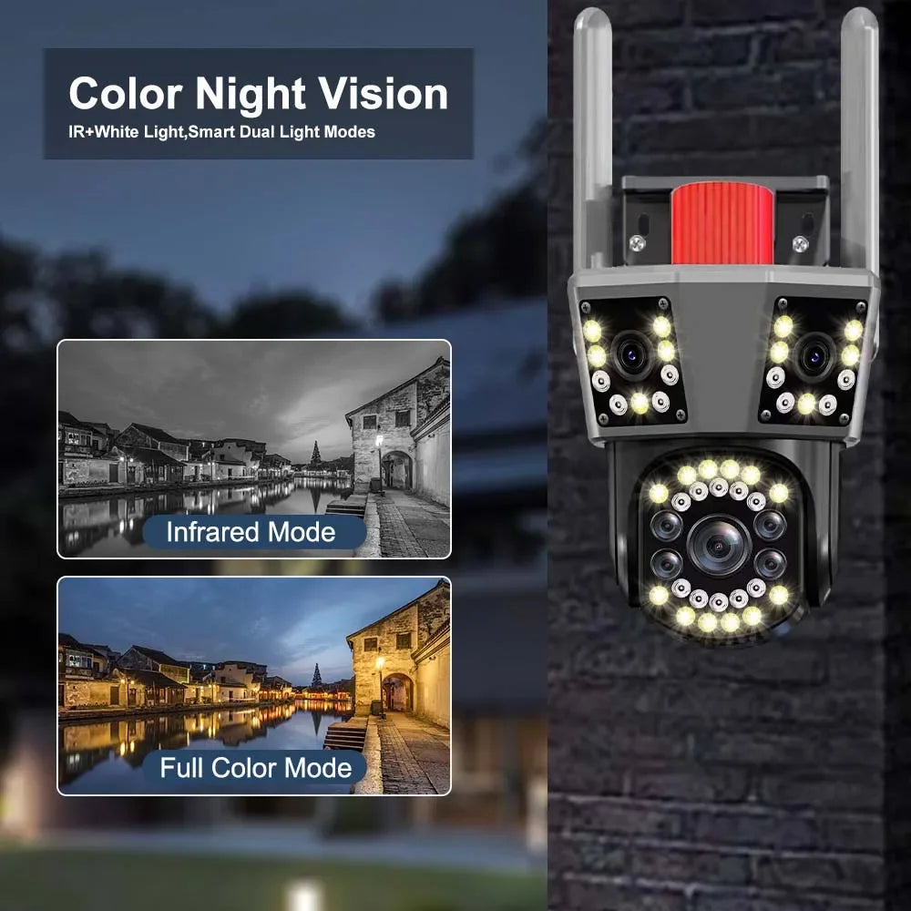 12MP 6K WIFI IP Camera Outdoor 8X Zoom HD Three Lens Three Screens PTZ CCTV Auto Tracking Video Surveillance Security Protection