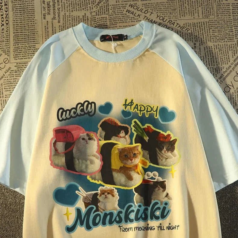 Pure Cotton Cute Cat Short Sleeved T-shirt Women Summer Loose Dopamine Wear Top Tide Oversized T Shirt Women Clothing Tops Y2k