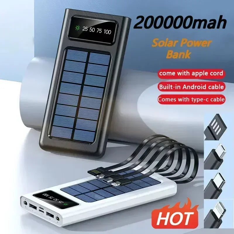 Solar Power Bank Built Cables 200000mAh Solar Charger 2 USB Ports External Charger Powerbank With LED Light For Xiaomi iphone