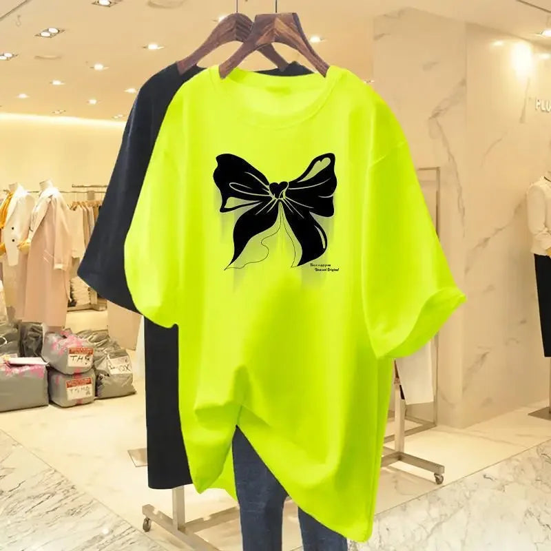 White Cotton Loose Round Neck Bow Short Sleeve Tee T-shirt Women's Mid Length 2023 Summer New European Oversized Fashion Tops