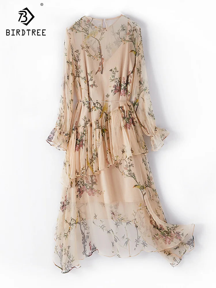 100% Natural Mulberry Silk Dress Women 2023 Long Sleeve Asymmetric Lace Up Floral Print Full Sleeve Ruffles Midi Dresses D31002Z
