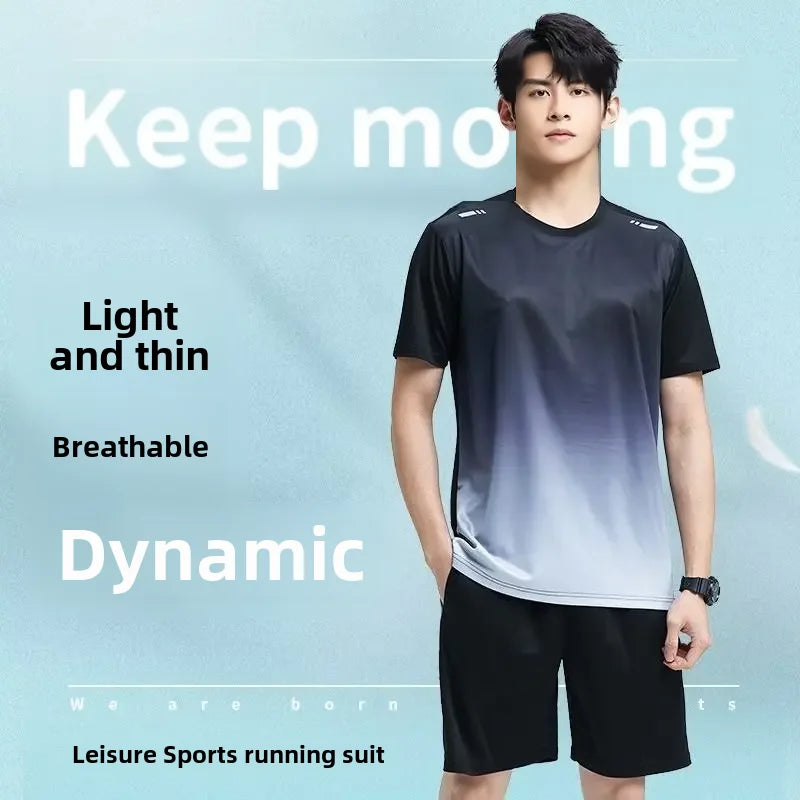 Men's Sport Ice Silk Suit Short Sleeves Summer New Gradient Tie Running Fitness Thin Shorts 2-piece Set
