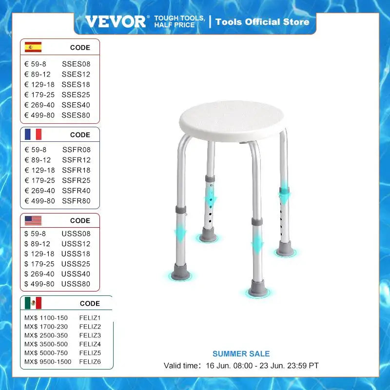 VEVOR Shower Chair for Inside Shower Adjustable Height Shower Stool Non-Slip Bench Bathtub Seat for Elderly Disabled Adults