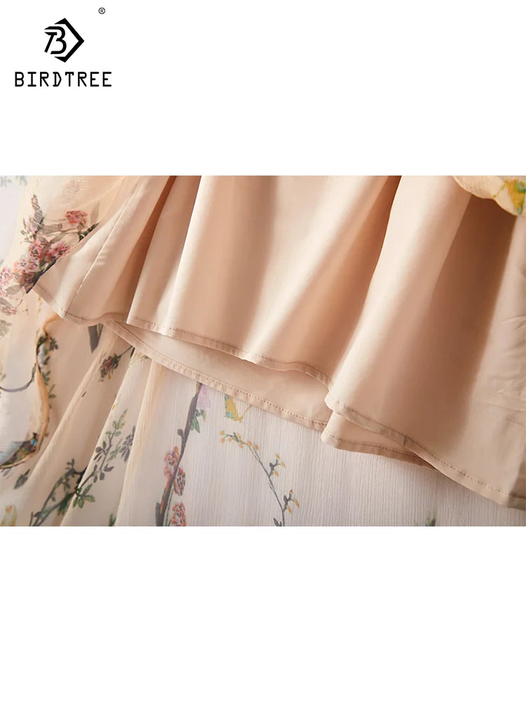 100% Natural Mulberry Silk Dress Women 2023 Long Sleeve Asymmetric Lace Up Floral Print Full Sleeve Ruffles Midi Dresses D31002Z