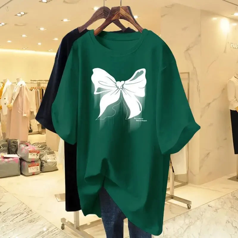 White Cotton Loose Round Neck Bow Short Sleeve Tee T-shirt Women's Mid Length 2023 Summer New European Oversized Fashion Tops