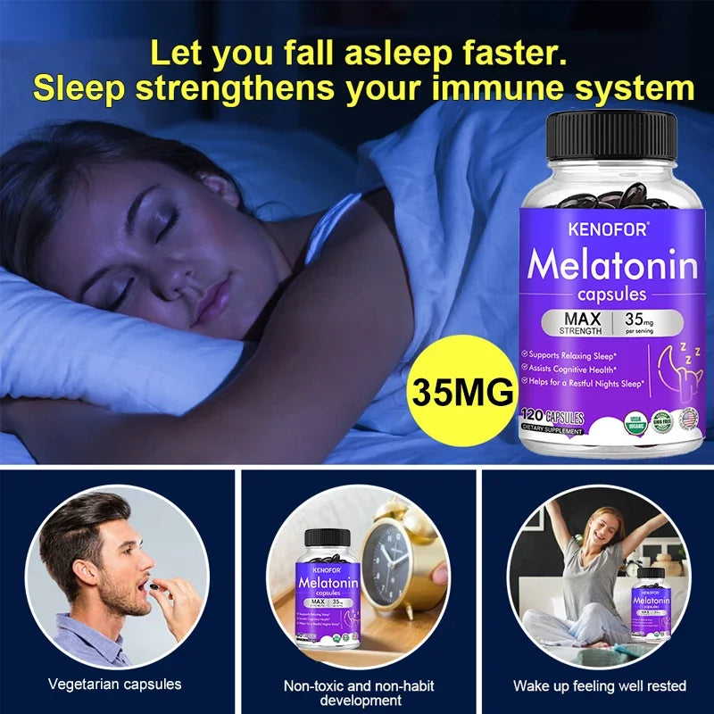 Melatonin Capsules - Natural Nighttime Sleep Aids Improve Sleep Quality, Relieve Migraines Nourish Nerves and Increase Energy