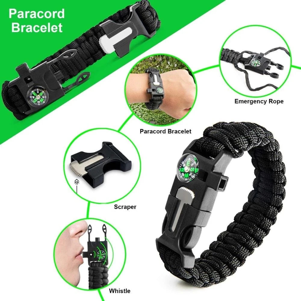 Survival kit set military outdoor travel mini camping tools aid kit emergency survive Wristband whistle blanket knife