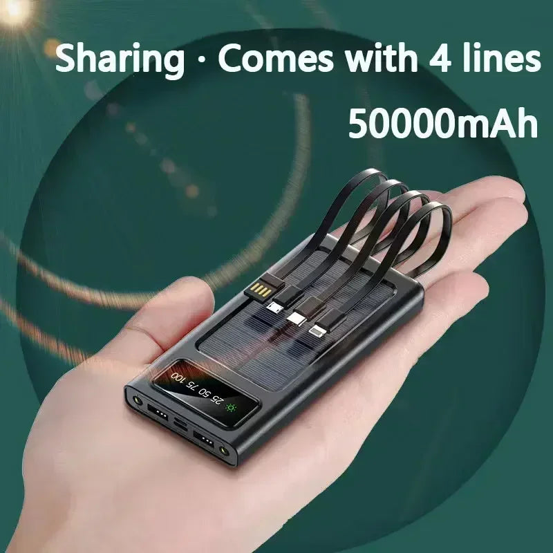 Solar Power Bank Built Cables 200000mAh Solar Charger 2 USB Ports External Charger Powerbank With LED Light For Xiaomi iphone