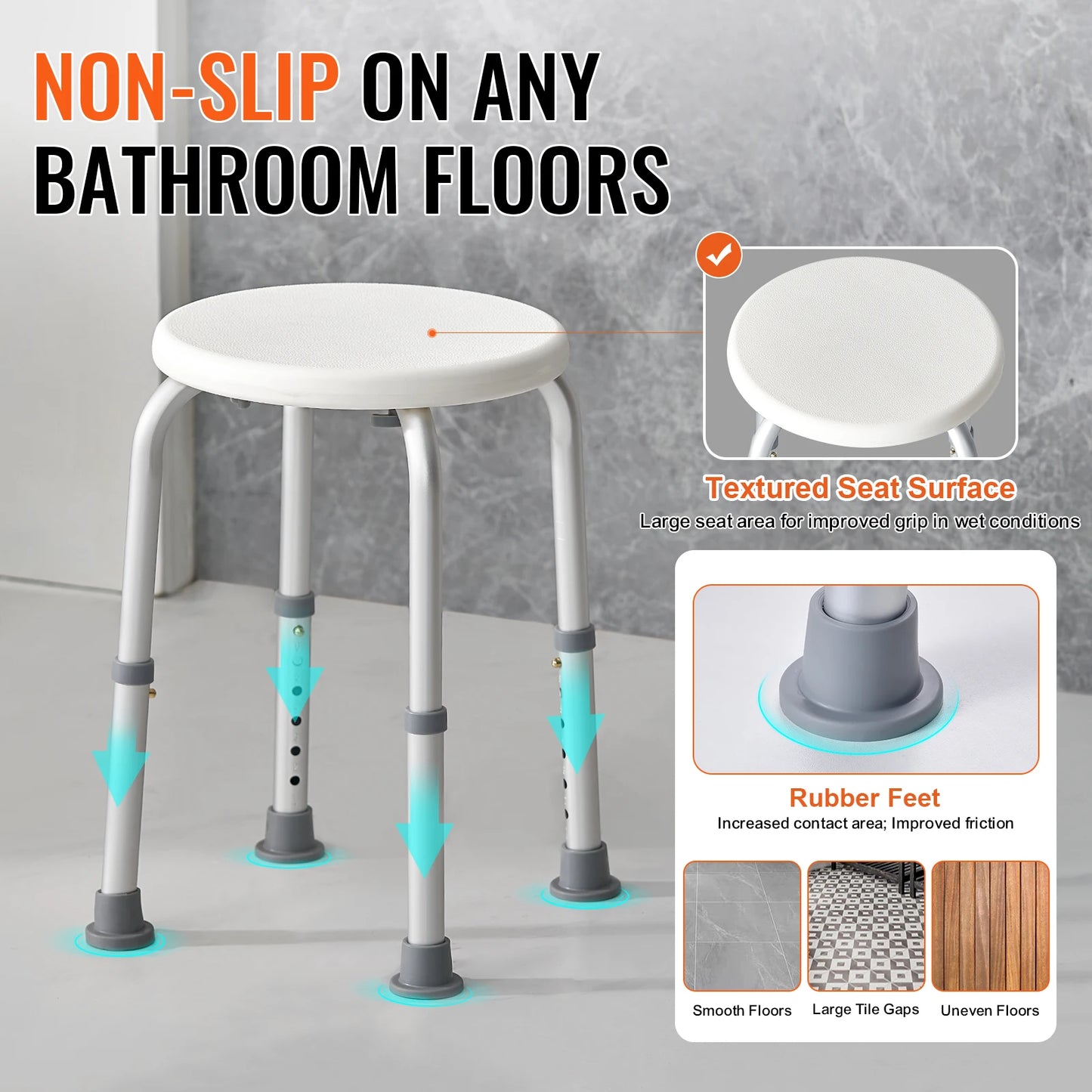 VEVOR Shower Chair for Inside Shower Adjustable Height Shower Stool Non-Slip Bench Bathtub Seat for Elderly Disabled Adults
