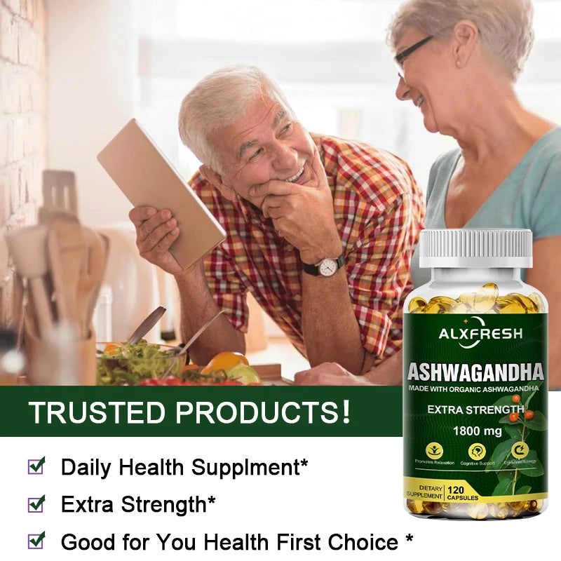 Alxfresh Pure Ashwagandha Powder & Root Extract Oil Capsules 1800mg with Black Pepper- Vegen Dietary Supplements 60/120 Count