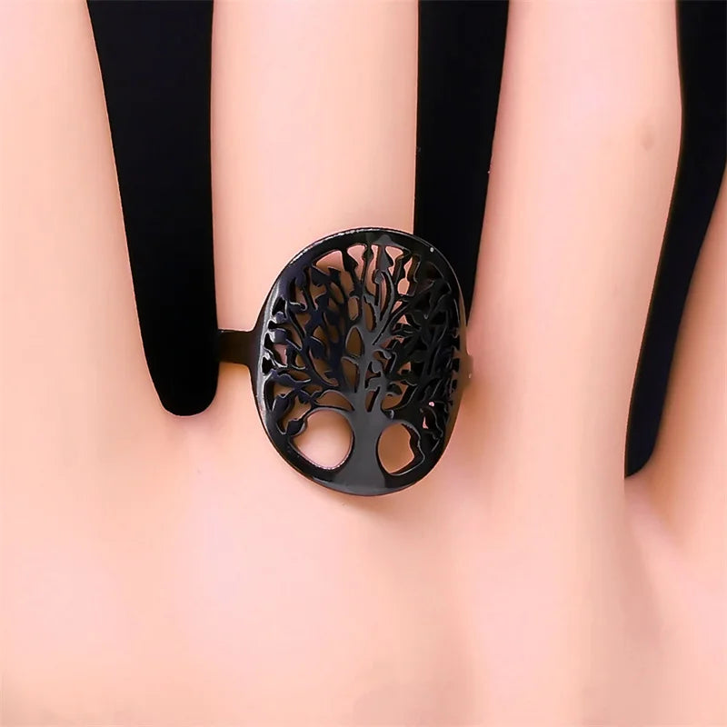Punk Tree Of Life Ring Stainless Steel Black Color Lucky Trees Religion Adjustable Finger Rings Jewelry arbre de vie R22S07