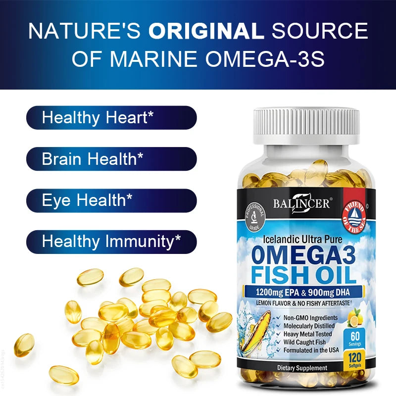 Omega 3 Fish Oil Capsule Supplement Rich in DHA EPA Antioxidant Skin Eyes Immune System,Non-GMO,Gluten-free, Vegetarian Capsules