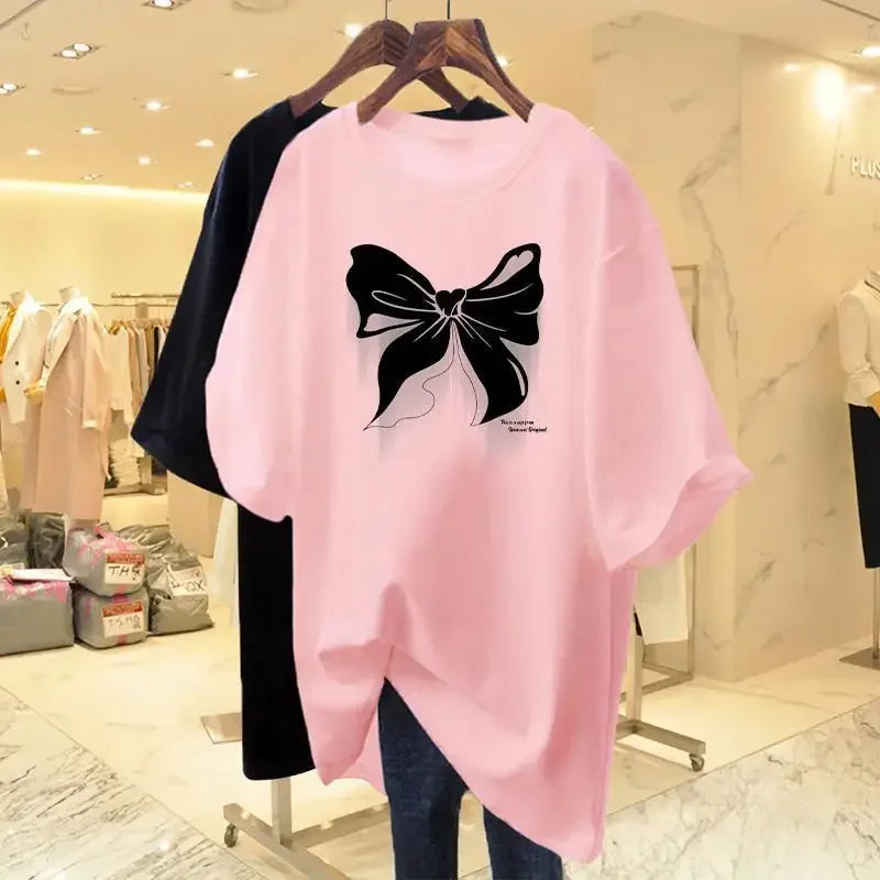 White Cotton Loose Round Neck Bow Short Sleeve Tee T-shirt Women's Mid Length 2023 Summer New European Oversized Fashion Tops