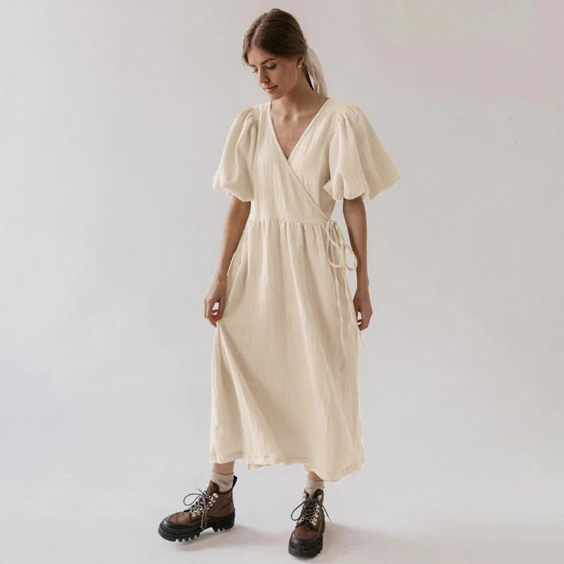 Vintage 100% Cotton Puff Sleeve Maxi Dress For Women Muslin Crepe Gauze V-Neck Bandage Lace Elegant Long Birthday Party Dress